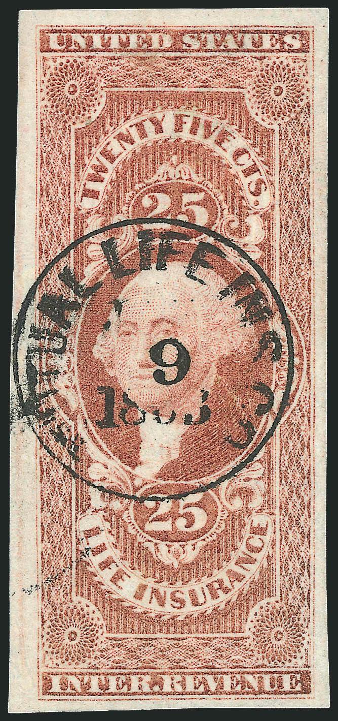 25c Life Insurance, Imperforate (R47a).> Large margins, beautiful deep rich color, black Mutual Life Ins Co ? 9, 1863 handstamp cancel, Extremely Fine, a lovely stamp, with 2008 P.S.E. certificate (XF 90
Revenues are unlisted in SMQ)