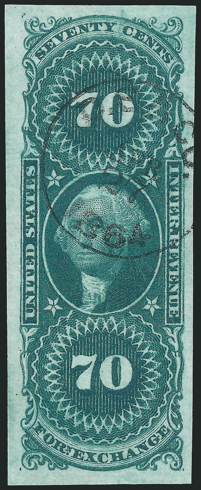 70c Foreign Exchange, Imperforate (R65a).> Large to huge margins, deep rich color and sharp impression, neat 1864 handstamp cancel, Extremely Fine, with 2008 P.S.E. certificate (XF 90 Revenues are unlisted in
SMQ)