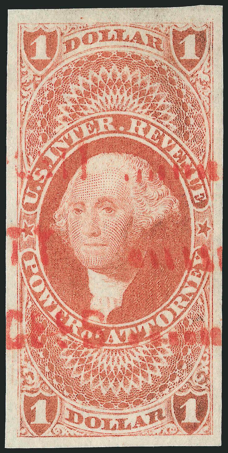 $1.00 Power of Attorney, Imperforate (R75a).> Huge beautifully balanced margins, red <San Francisco Customs> cancel, Extremely Fine Gem, a superb stamp, with 2008 P.S.E. certificate (XF-Superb 95 Revenues are
unlisted in SMQ)
