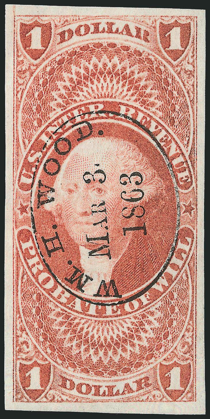 $1.00 Probate of Will, Imperforate (R76a).> Large and even margins all around, radiant color, neat central strike of W.M.H. Wood. Mar. 3, 1863 oval handstamp, Extremely Fine Gem, a beautiful stamp and
especially desirable cancelled solely by the ha