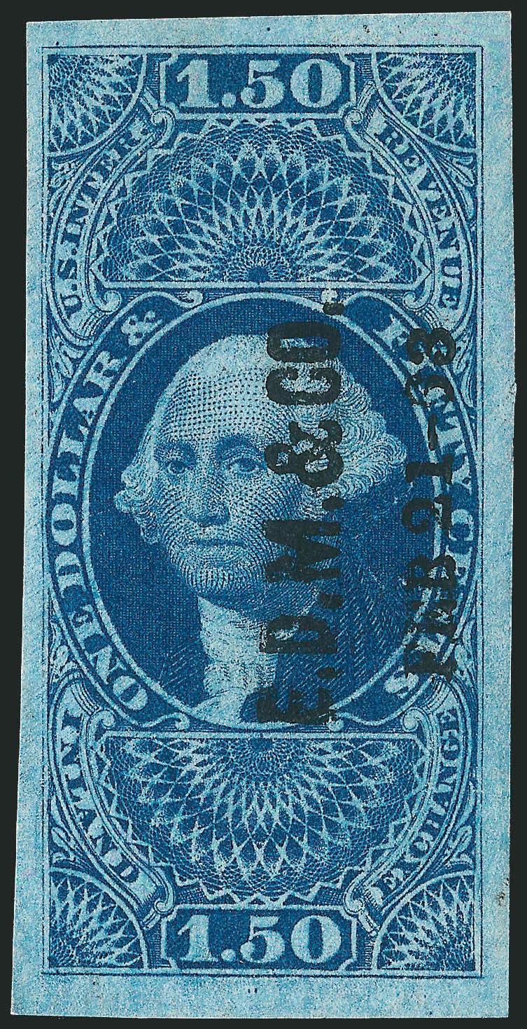 $1.50 Inland Exchange, Imperforate (R78a).> Large margins, unusually deep rich color, cancelled solely by E.D.M. & Co. Feb. 2-63 two-line handstamp, fresh and Extremely Fine, with 2008 P.S.E. certificate (VF-XF
85 Revenues are unlisted in SMQ)