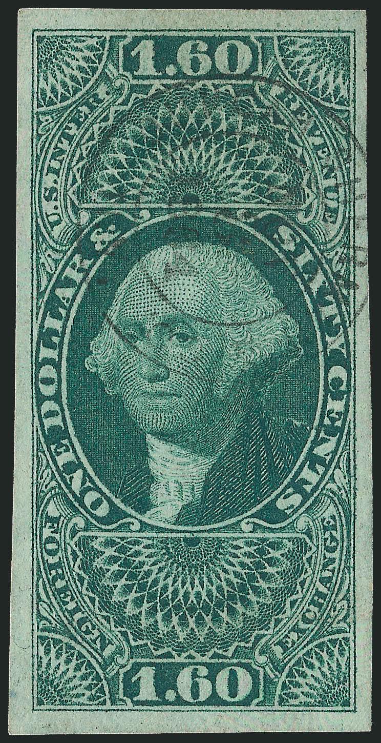 $1.60 Foreign Exchange, Imperforate (R79a).> Large even margins, attractive shade, unobtrusive strike of 1864 double-circle datestamp leaves entire design clearly visible, fresh and Extremely Fine, a beautiful
stamp, with 2008 P.S.E. certificate (XF