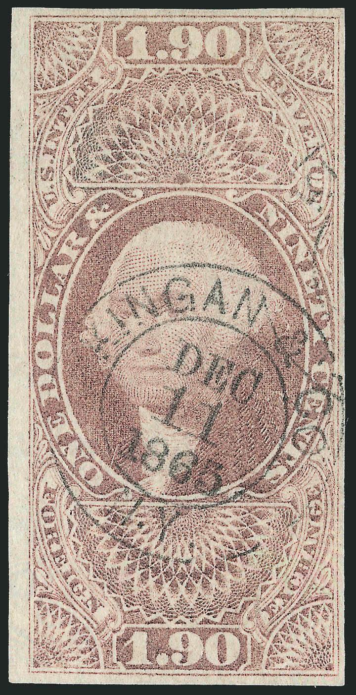 $1.90 Foreign Exchange, Imperforate (R80a).> Large margins to full, fresh and bright color, neat strike of Kingan & Co. N.Y. Dec. 11, 1865 double-circle datestamp<><>^VERY FINE. A RARE AND DESIRABLE EXAMPLE OF
THE $1.90 FOREIGN EXCHANGE IMPERFORA