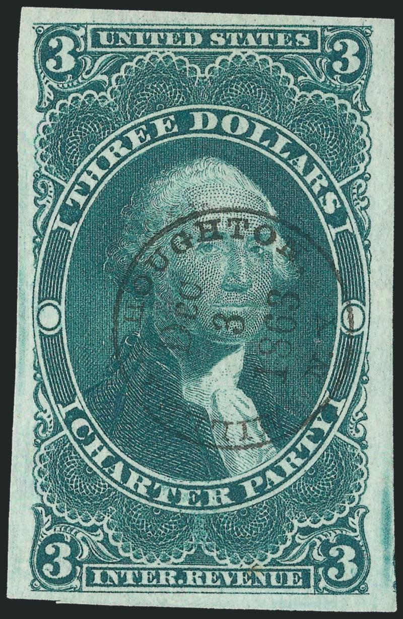$3.00 Charter Party, Imperforate (R85a).> Large margins all around, bright color and detailed impression, cancelled solely by Dec. 3, 1863 double-circle datestamp, fresh and Extremely Fine, a beautiful stamp,
with 2008 P.S.E. certificate (VF-XF 85 R