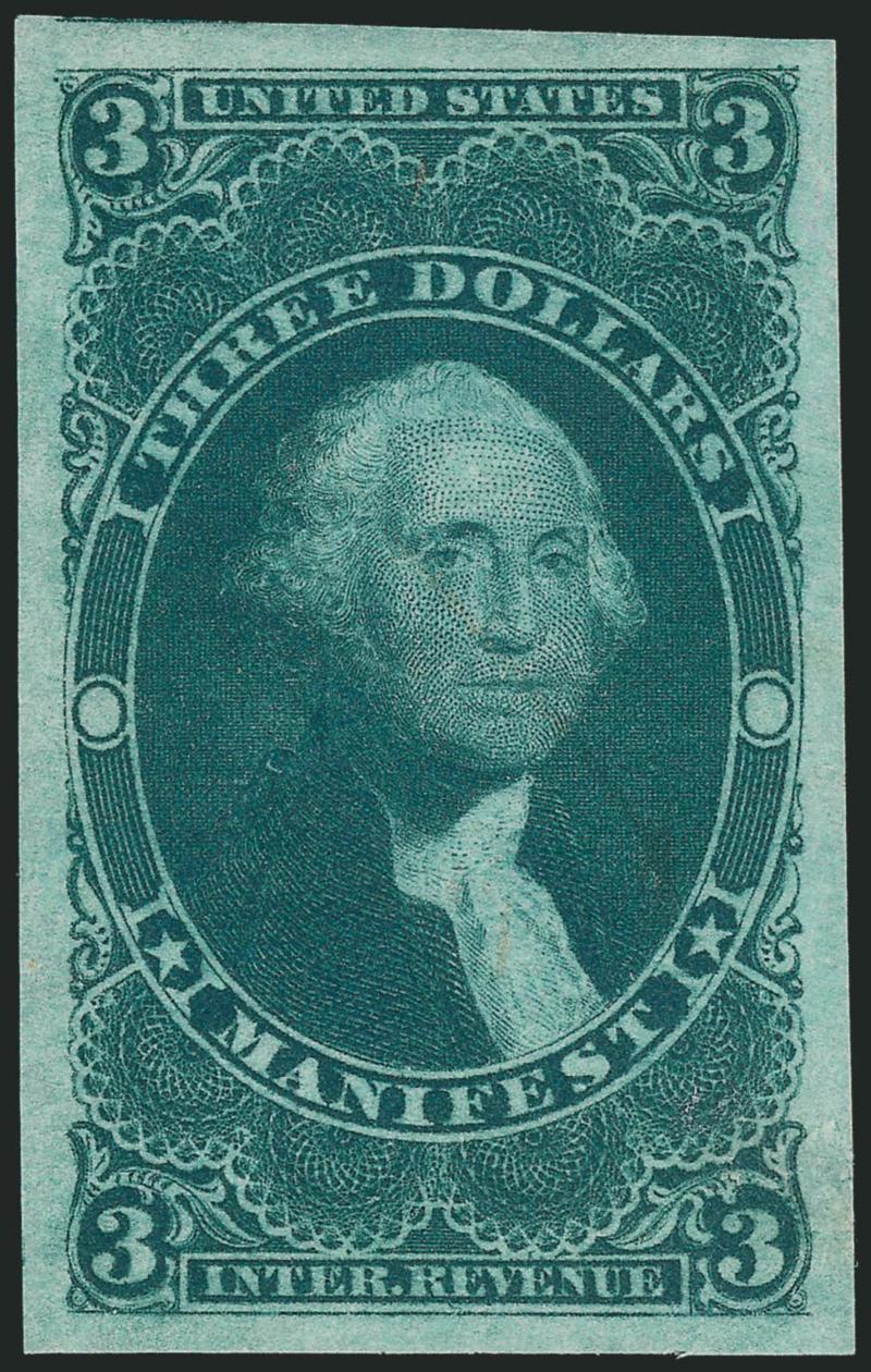 $3.00 Manifest, Imperforate (R86a).> Large margins all around, deep rich color, light ms. cancel, Extremely Fine Gem, with 2008 P.S.E. certificate (XF-Superb 95 Revenues are unlisted in SMQ)