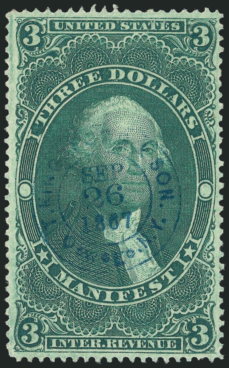 $3.00 Manifest, Perforated (R86c).> Choice centering with well-proportioned margins, rich color, neat strike of blue Sept. 26, 1867 double-circle datestamp, Extremely Fine, a beautiful stamp and scarce in such
choice condition, with 2009 P.S.E. certi