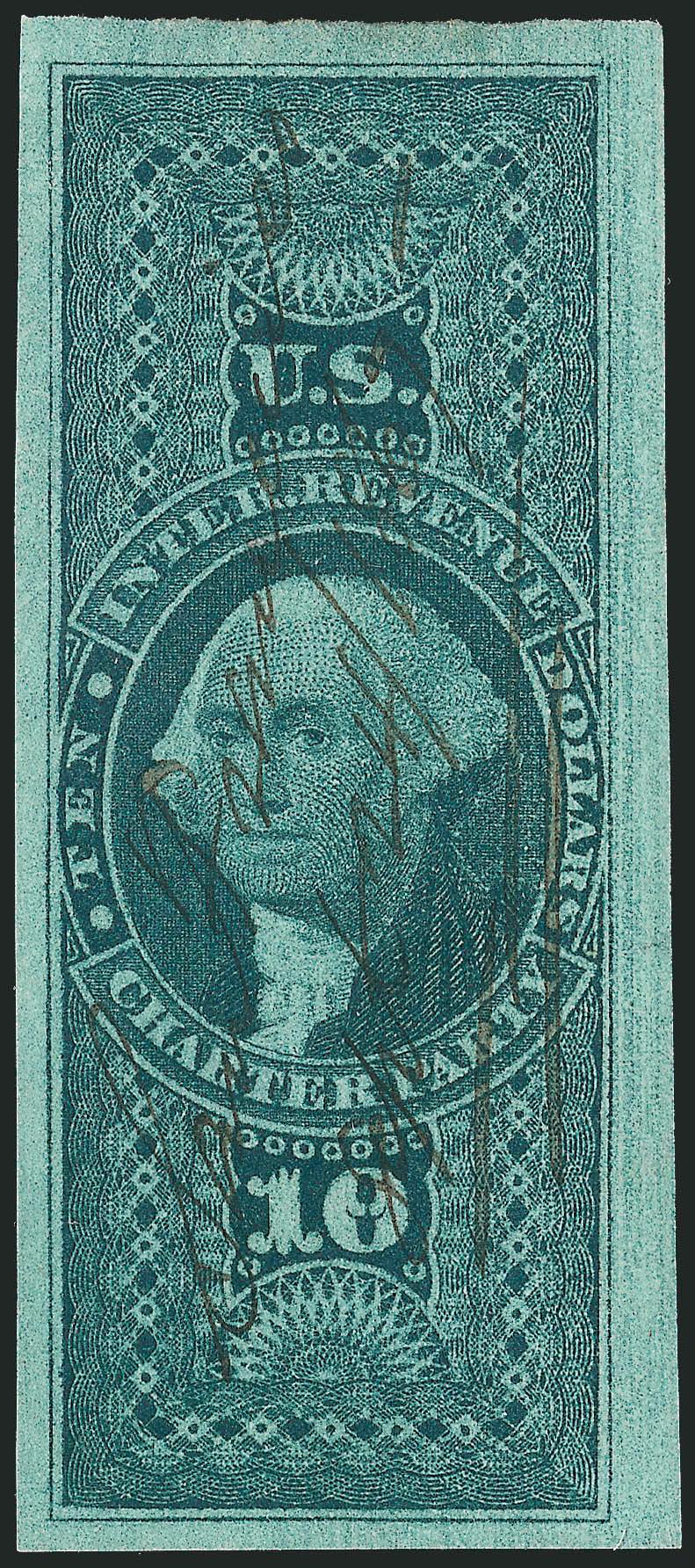 $10.00 Charter Party, Imperforate (R93a).> Large to huge margins all around, intense shade and impression, unobtrusive Sep. 24, 1867 manuscript cancel, fresh and Extremely Fine, a beautiful stamp, with 2008
P.S.E. certificate (XF 90 Revenues are unl