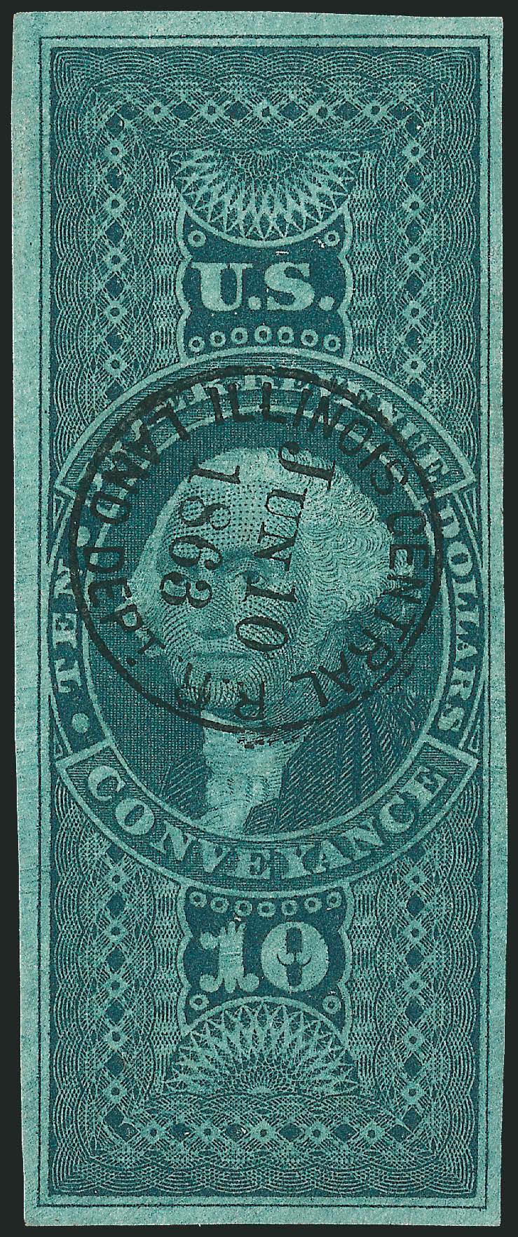 $10.00 Conveyance, Imperforate (R94a).> Large even margins all around, deep rich color, neat strike of Illinois Central R.R. Land Dept. Jun. 10, 1863 circular datestamp, Extremely Fine, a beautiful stamp and
especially desirable cancelled solely by