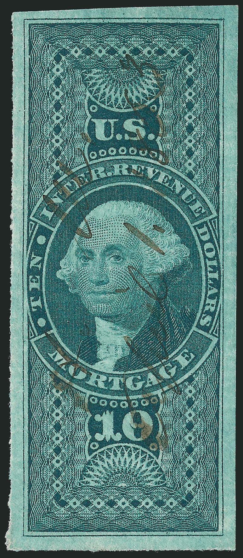 $10.00 Mortgage, Imperforate (R95a).> Huge margins, bright shade, neat April 1, 1863 ms. cancel, Extremely Fine Gem, a huge stamp, with 2008 P.S.E. certificate (XF 90 Revenues are unlisted in SMQ), we are
surprised this did not grade higher