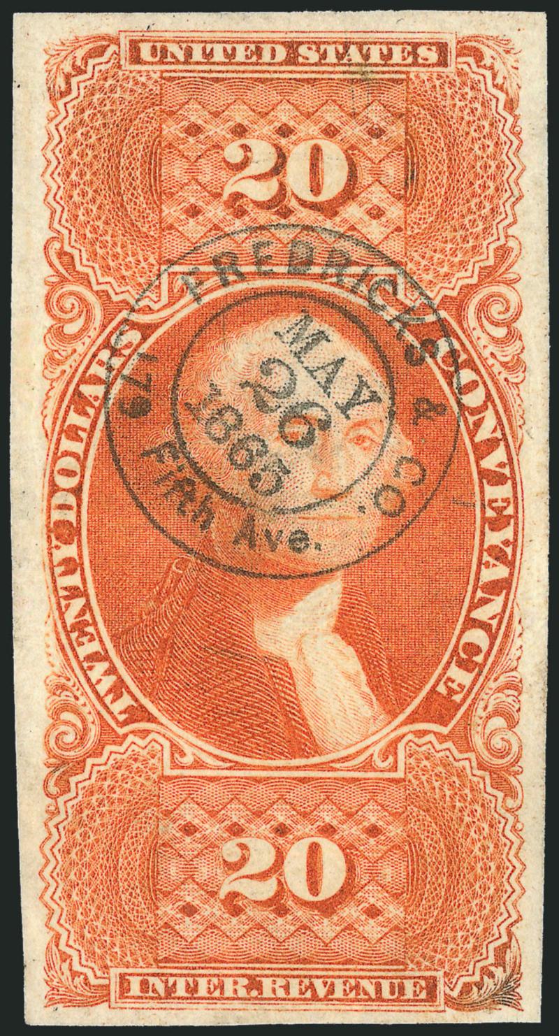 $20.00 Conveyance, Imperforate (R98a).> Vibrant color as fresh as the day it was printed, large balanced margins, cancelled by neat strike of Fredricks & Co. 179 Fifth Ave., May 26, 1865 double-circle
datestamp, Extremely Fine Gem, superb in every