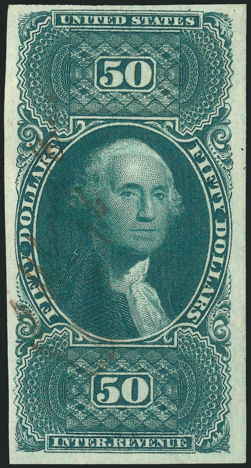 $50.00 U.S.I.R., Imperforate (R101a).> Large margins to full, detailed impression on bright paper, neat manuscript cancel at left leaves entire design clearly visible, Extremely Fine, a pretty stamp, with 2008
P.S.E. certificate (VF-XF 85 Revenues a