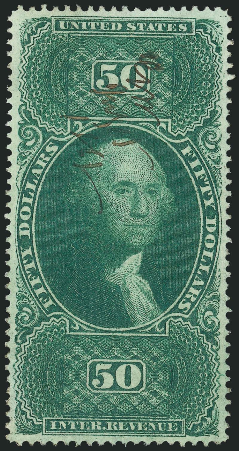 $50.00 U.S.I.R., Perforated (R101c).> Choice centering with well-proportioned margins, long and full perforations all around, bright shade, unobtrusive manuscript cancel, fresh and Extremely Fine, a beautiful
stamp, with 2009 P.S.E. certificate (XF 9