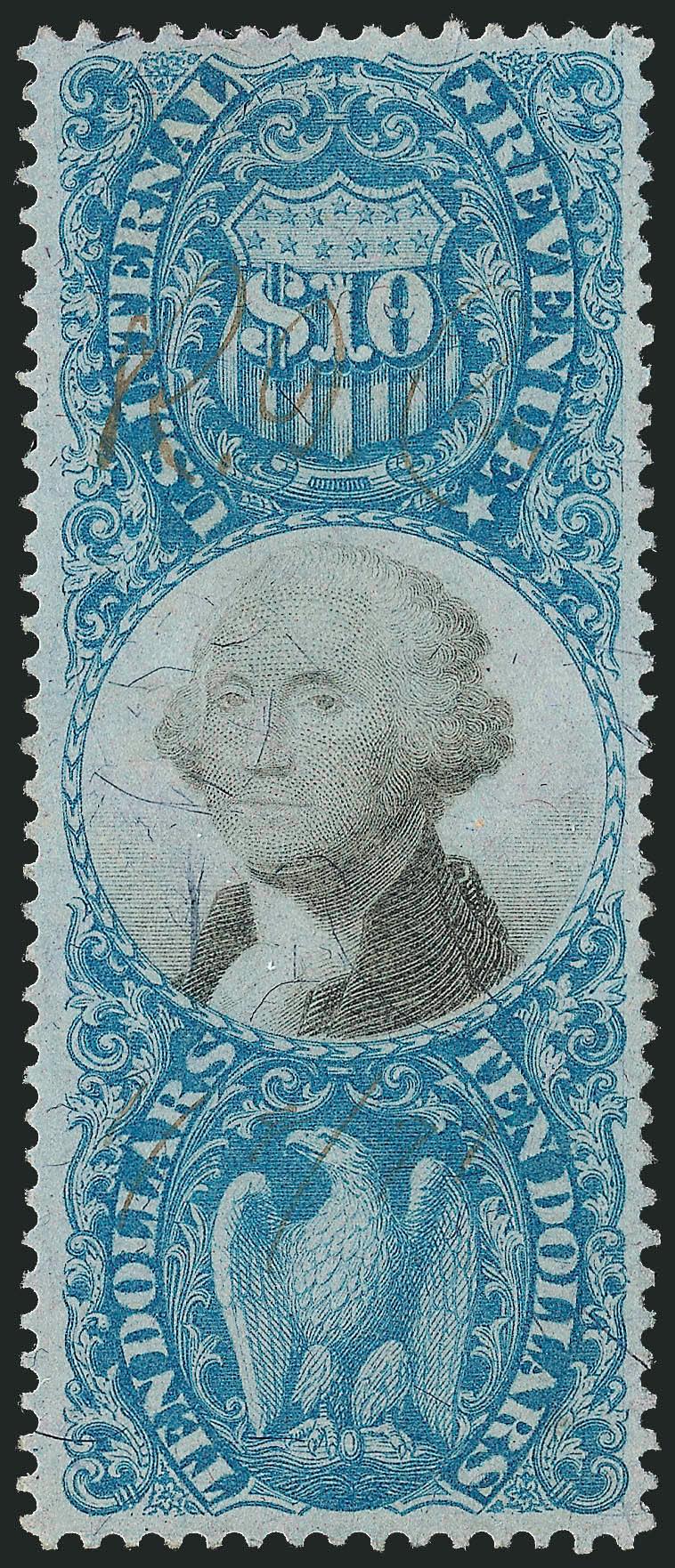 $10.00 Blue & Black, Second Issue (R128).> Choice centering with well-balanced margins, brilliant colors, unobtrusive manuscript cancel leaves entire design clearly visible, fresh and Extremely Fine, scarce in
such choice condition, with 2009 P.S.E.