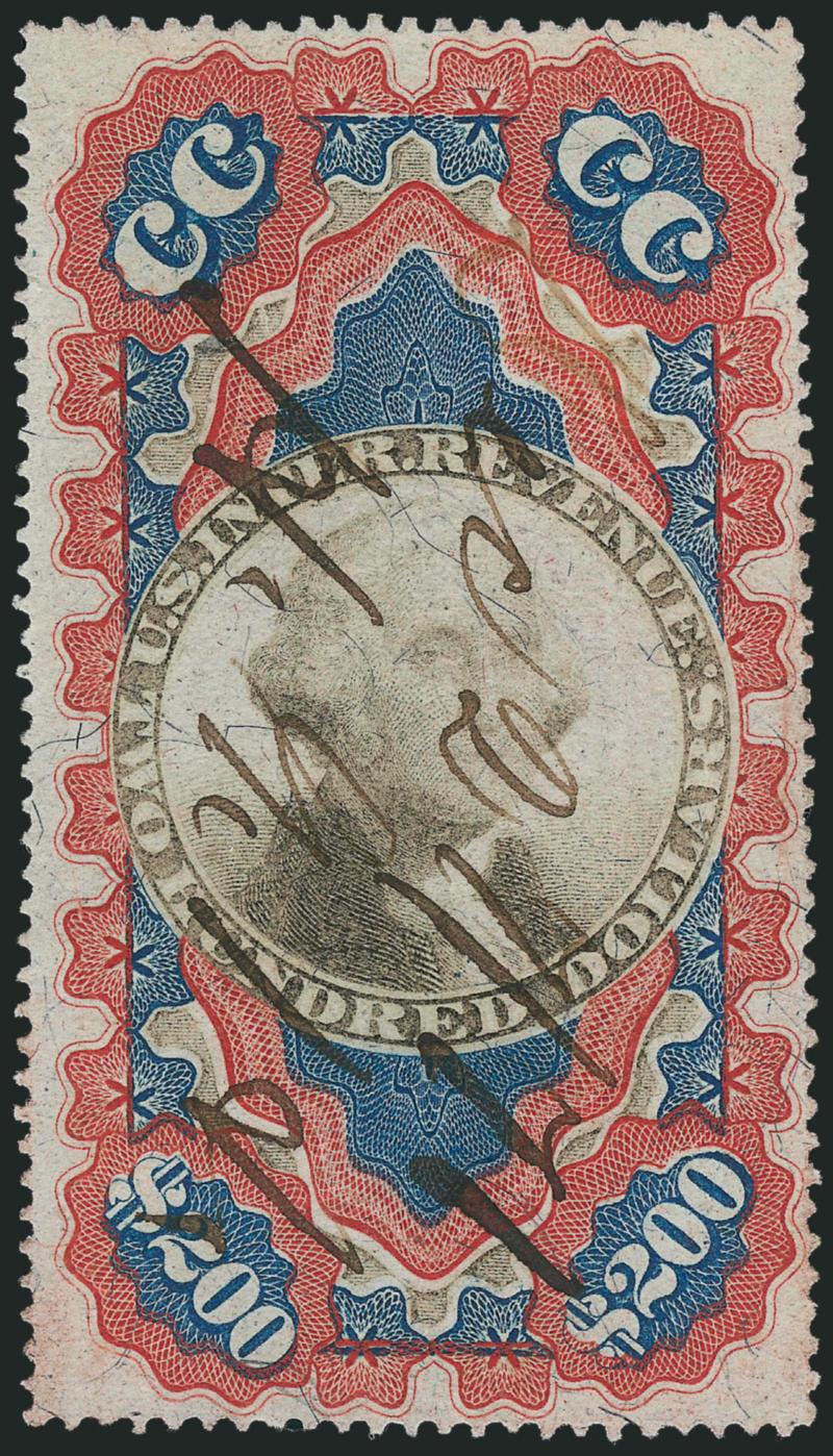 $200.00 Red, Blue & Black, Second Issue, Small Persian Rug (R132).> Unusually choice centering with wide and balanced margins, rich colors, neat Dec. 27, 71 H.G.N. ms. cancel<><>^EXTREMELY FINE. A SUPERB
EXAMPLE OF THE $200.00 SMALL PERSIAN RU