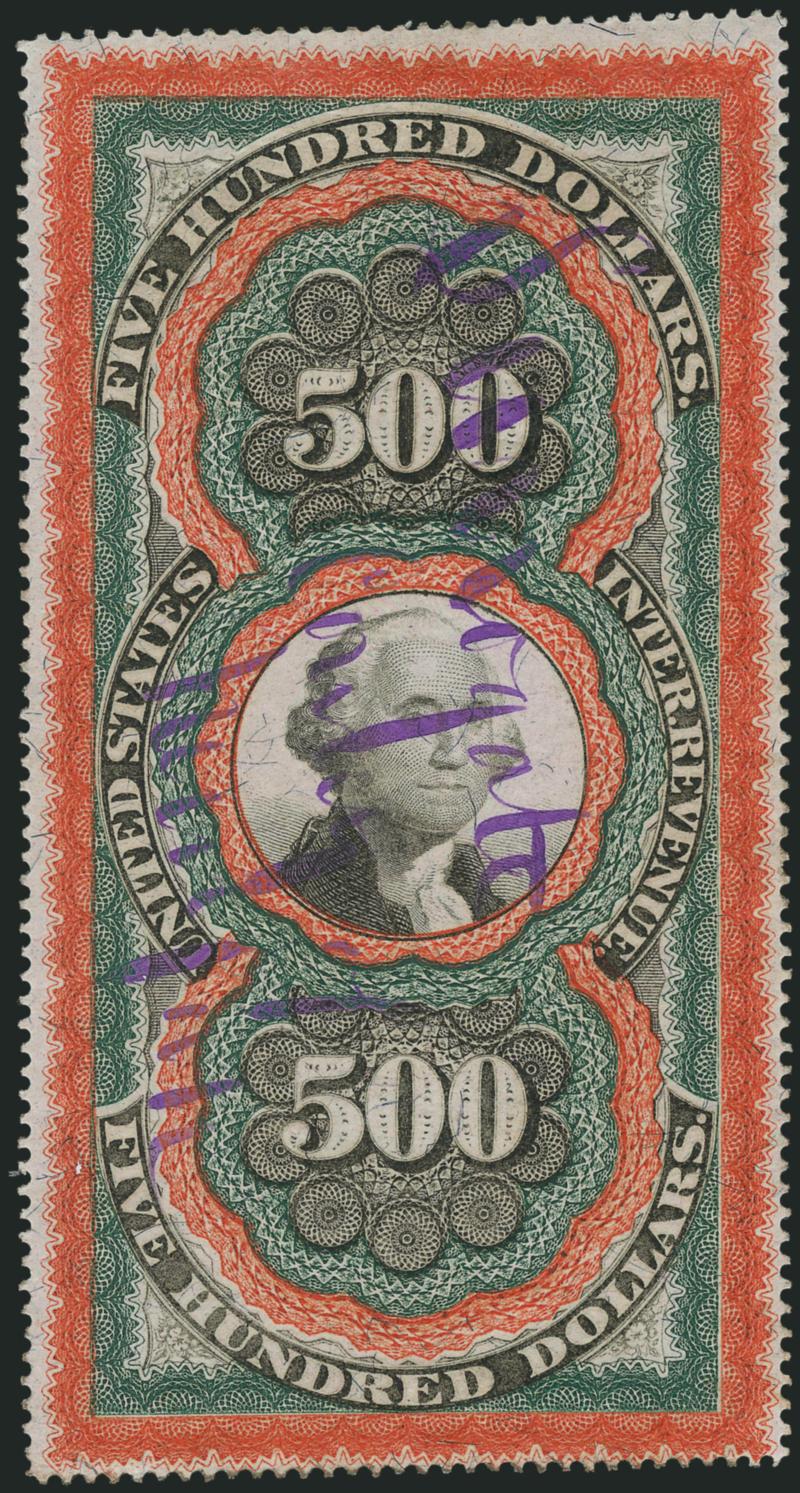 $500.00 Red Orange, Green & Black, Second Issue, Large Persian Rug (R133).> Choice centering with mostly wide margins, deep rich colors and detailed impressions, blue J. Wingate, (Jany 1?), New York and
embossed New York Surrogates Seal, <almost