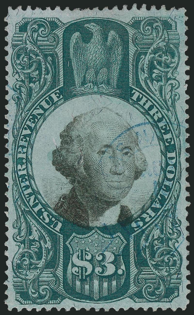 $3.00 Green & Black, Third Issue (R147).> Choice centering with wide and balanced margins, deep rich colors and proof-like impressions, light strike of blue double-circle datestamp and also faint herringbone
cancel, fresh and Extremely Fine, with 200