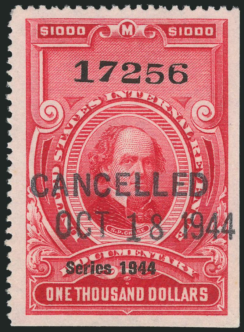 $1,000.00 Carmine, Series of 1944 (R410).> Natural s.e. at right and bottom, rich color, neat Cancelled Oct. 18, 1944 two-line handstamp, Extremely Fine, a beautiful stamp, scarce cancelled solely by the
handstamp, with 2009 P.S.E. certificate (XF
