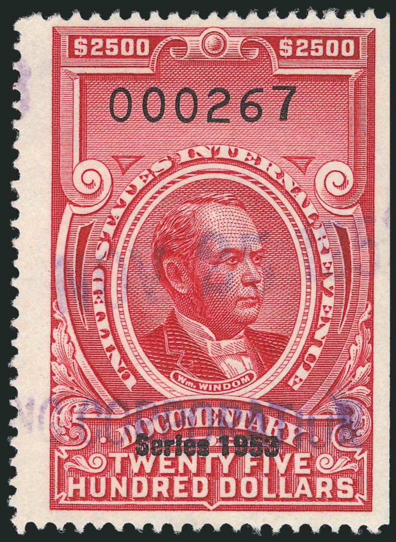$2,500.00 Carmine, Series of 1953 (R651).> Natural s.e. at right, bright color, unobtrusive strike of purple handstamp cancel, Very Fine and choice example of this scarce Revenue, with 2009 P.S.E. certificate
(VF 80 Revenues are unlisted in SMQ)