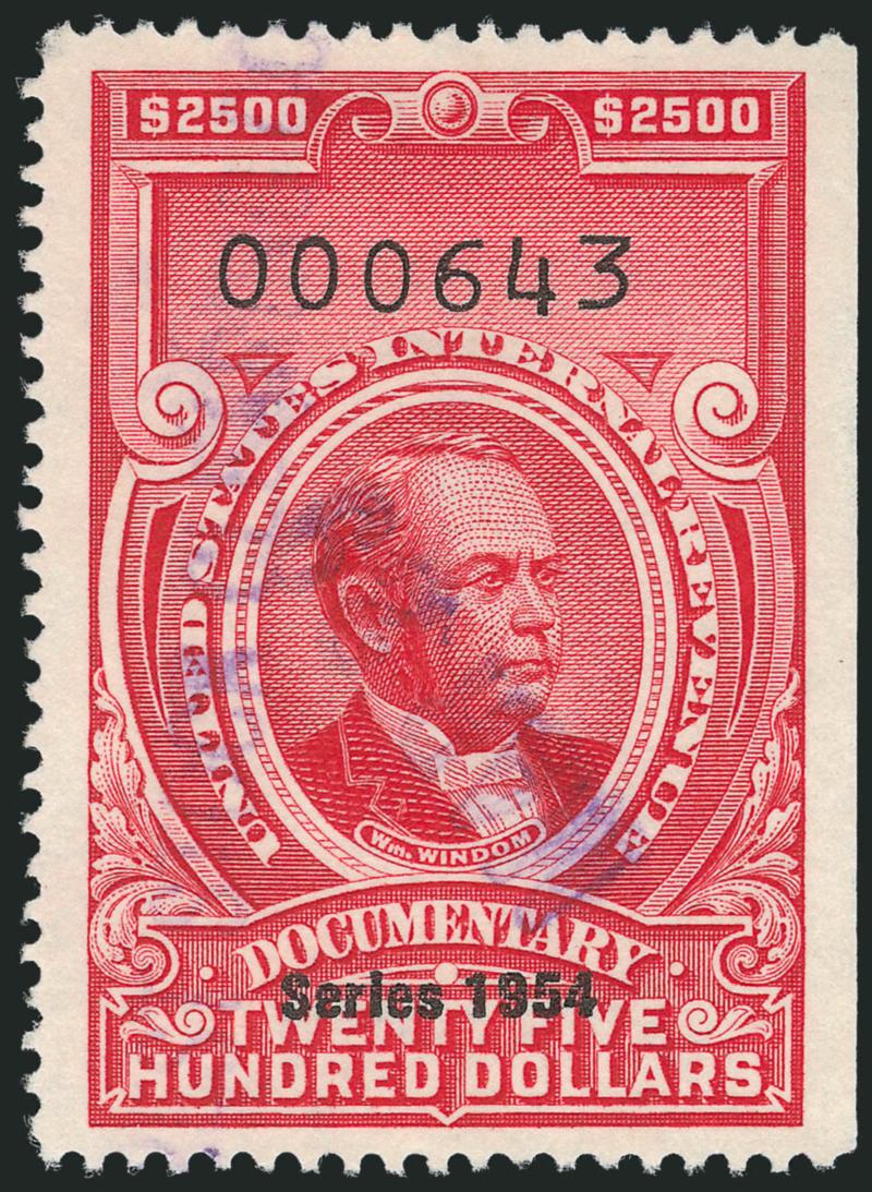 $2,500.00 Carmine, Series of 1954 (R685).> Natural s.e. at right, brilliant color, unusually wide and balanced margins, unobtrusive strike of purple handstamp cancel, Extremely Fine Gem, with 2009 P.S.E.
certificate (XF-Superb 95 Revenues are unlist