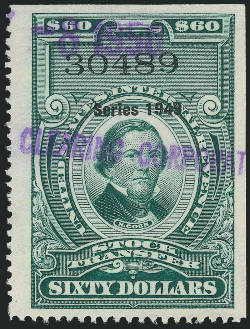 $60.00 Bright Green, Stock Transfer, Series of 1949 (RD306).> Natural s.e. at top and right, bright color, neat strike of purple handstamp cancel, Very Fine and choice, an attractive stamp, with 2009 P.S.E.
certificate (VF-XF 85 Revenues are unliste