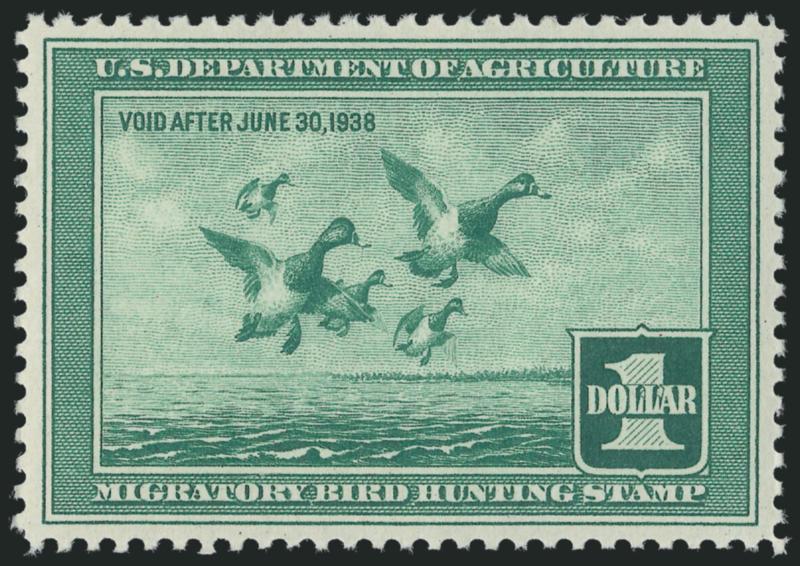 $1.00 1937 Hunting Permit (RW4).> Mint N.H., exceptionally fresh and well-centered, Extremely Fine Gem, P.S.E. encapsulated (XF-Superb 95 SMQ $1,150.00)