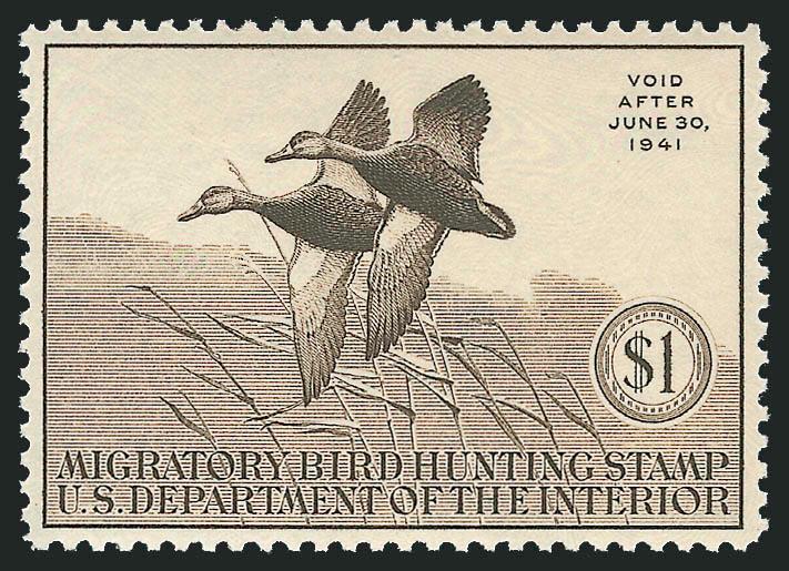 $1.00 1940 Hunting Permit (RW7).> Mint N.H., beautifully centered and without any gum bends or skips, Extremely Fine Gem, P.S.E. encapsulated (XF-Superb 95 SMQ $880.00)