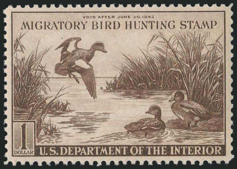 $1.00 1942 Hunting Permit (RW9).> Mint N.H., rich color, crisp impression, choice centering, Extremely Fine Gem, P.S.E. encapsulated (XF-Superb 95 SMQ $960.00)