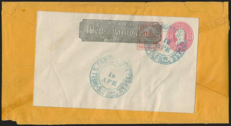 Wells, Fargo & Co. Virginia City Pony Express, 10c Red on 3c Pink No. U34 entire (143LU1).> Cancelled by two strikes of “Wells, Fargo & Cos. Express, S.Frco. 16 Apr.” (1863) double-circle datestamp, unaddressed
and affixed as a paste-up to large buff