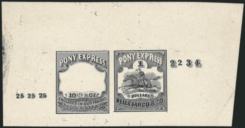 Wells, Fargo & Co. Pony Express, Die Proof for 1897 Reprint.> Black impression of 10c without vignette and $1.00 with vignette, additional numerals at sides, Very Fine, described by W. S. Boggs as “The last state
of the original die retouched for the