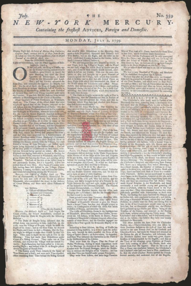 -12p New York (RM9).> Clear strike in red on July 2, 1759 copy of <<The New York Mercury>>, contents incl. war news from Europe and French & Indian War in America, mostly split along fold and typical corner and
edge faults, Very Fine strike of this