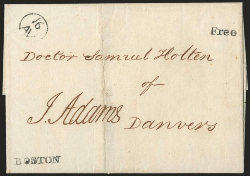 John Adams.> Free frank <<J. Adams>> <as President> on folded cover to Dr. Samuel Holten in Danvers, well-struck ^16AV^ Franklin mark with matching ^BOSTON^ straightline and Free handstamps, docketing on top
flap reads <<A letter from the P