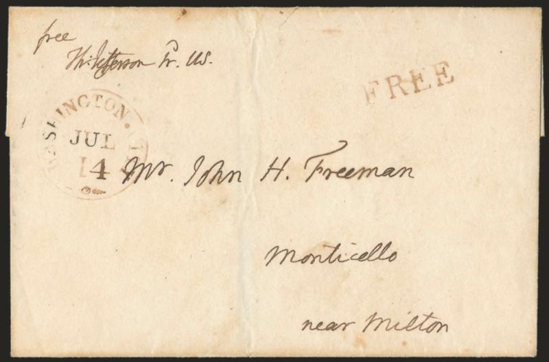 Thomas Jefferson.> Free frank <<free Th. Jefferson Pr. U.S.>> <as President > on folded cover addressed in his hand to John H. Freeman at Monticello, brownish-red Washington City Jul. 14 circular datestamp with
matching Free handstamp,<><>^VE