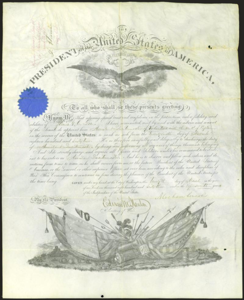 Abraham Lincoln.> Full signature on vellum Presidential Military Appointment of James G. C. Gee as Assistant Quartermaster of Volunteers with the rank of captain, dated March 12, 1863, also <signed by Edwin M.
Stanton> as Secretary of War, docketed a