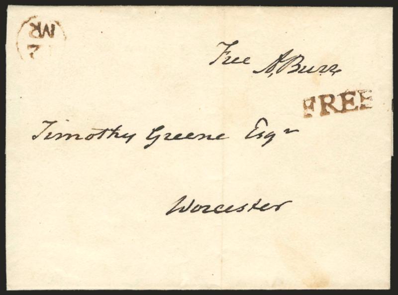 Aaron Burr.> Free frank <<Free A. Burr>> as U.S. Senator from New York on folded cover to Worcester, bold ^12MR^ Franklin mark and Free handstamp, 1796 docketing on back, light vertical file fold, fresh and
Very Fine usage from Philadelphia