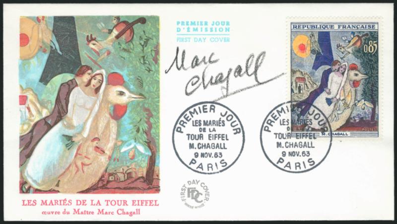 Marc Chagall.> Signatures on five First Day covers, incl. two from France, two from Israel, last from U.S., last three Einstein-themed, first two with French Chagall stamp, fresh and Very Fine, signatures
obtained by the consignor who held senior pos
