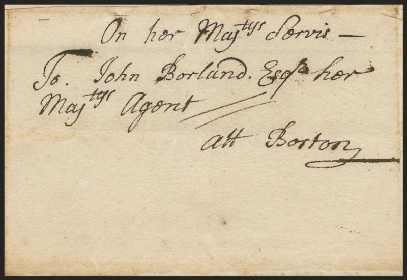 Samuel Cranston.> Free frank <<On her Majtys. Servis>> as Colonial Governor of Rhode Island on address panel to Boston, accompanying autograph letter signed and datelined <<Rhode Island Newport Octo. 20th
1711,>> fresh and Very Fine, one of the e