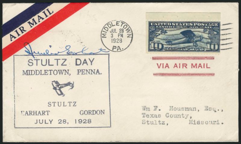 Amelia Earhart.> Signature <<Amelia Earhart>> on cover bearing single stamp from Lindbergh booklet pane (C10a) tied by Middletown Pa. Jul. 28 3PM 1928 cancel to Stultz Mo., with Stultz Day, Middletown, Penna.
cachet, Chicago, Kansas City and re
