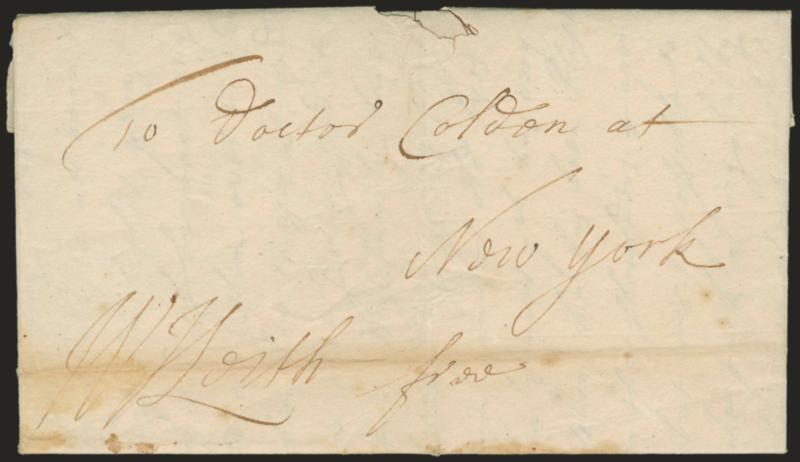 Sir William Keith.> Free frank <<W Keith free>> as Governor of Pennsylvania and Delaware on Sept. 17, 1719 autograph letter signed from Philadelphia to New York, small piece out at top and some light wear incl.
horizontal file fold thru frank, othe