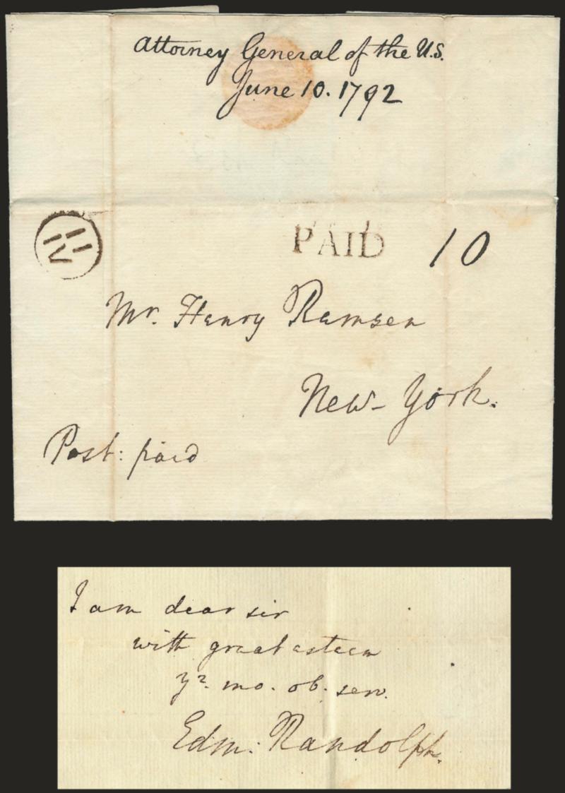Edmund Randolph.> Aide-de-camp to General Washington, Delegate to Constitutional Convention, first U.S. Attorney General, Governor of Virginia, Chief Counsel to Aaron Burr during his trial for treason, one-page
ALS datelined <<Philadelphia June 10,