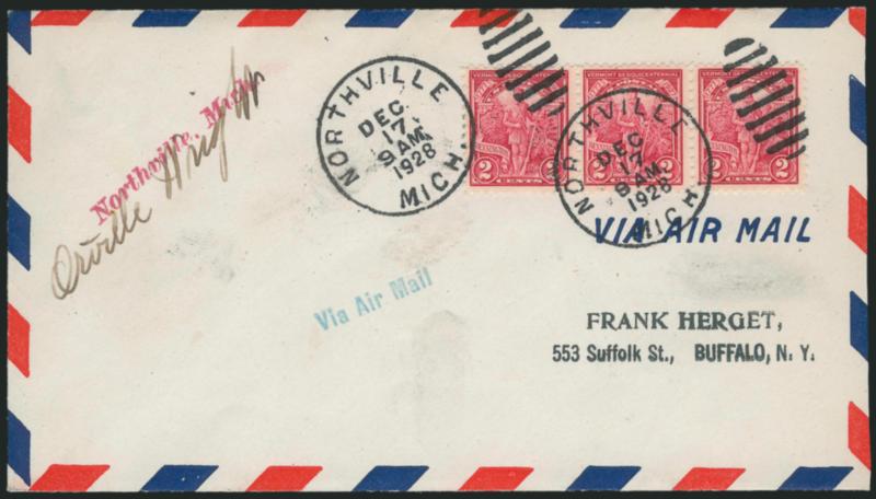 Orville Wright.> Signature on Dec. 17, 1928 cover with strip of three 2c Vermont tied by grid duplex circular datestamps, the 25th anniversary of the Wright Brothers historic flight at Kitty Hawk, Very
Fine
