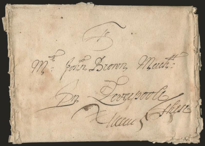 1710, Philadelphia to Liverpool, England.> Folded letter datelined <<Philadelphia July 21st 1710>> and addressed to Mr. John Brown in Liverpool, neat OC17 London Bishops mark, rated <<in all 5>>, also with
partial strike of fancy B handstam