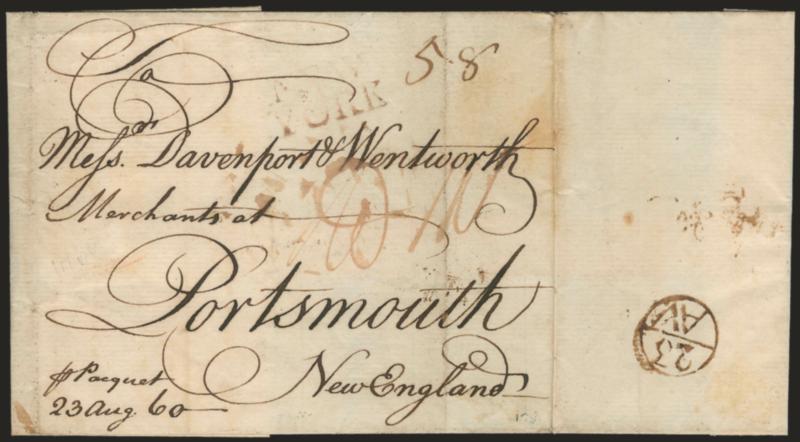 (Falmouth-New York Packet, 1760) NEWYORK.> Bold brownish two-line handstamp, red manuscript P1N prepaid 1sh packet rate, manuscript 5.8 dwt rate (N.Y. to Portsmouth) on folded cover from England to Davenport &
Wentworth in Portsmouth N.H., sen