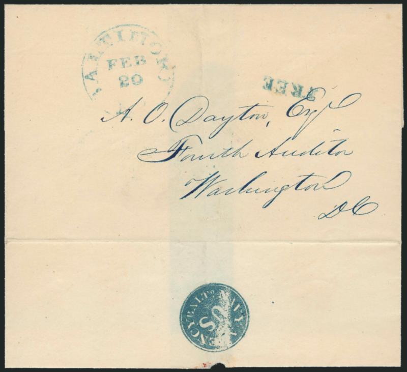 U.S. Navy Agency, Balto.> Blue negative backstamp and matching Baltimore Md. Feb. 20 circular datestamp with matching Free handstamp on folded cover to Washington D.C., faint vertical file fold, Very Fine
strike of this scarce marking
