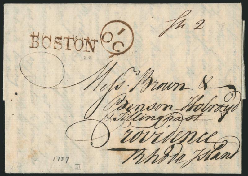 BOSTON.> Bold strike of brown straightline handstamp with matching 1OC Franklins mark on 1787 folded letter to Providence R.I., datelined <<LOrient 18th June 1787>> and ms. Sh 2 rate, business contents, fresh
and Very Fine