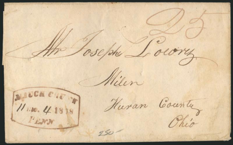 Mauch Chunk Penn. 11 Mo. 4, 1828.> Clear strike of brown datestamp with Quaker date in ms. on folded letter to Ohio, ms. 25 rate, slight overall wear, Very Fine