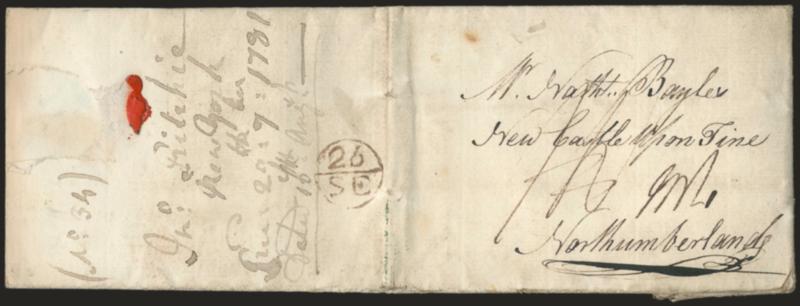 British Occupation of New York.> Folded letter datelined <<New York 16th of Augt. 1781>> and addressed <to Newcastle Upon Tine, Northumberland, England,> neat 26SE Bishops mark, ms. rate, letter to owner of the
ship <<Providence>> from Capt. Jo
