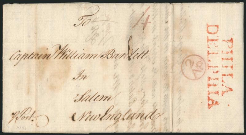 PHILADELPHIA.> Two-line handstamp struck on red with 2AP Franklin mark on side flap of 1771 folded letter to Salem Mass., ms. 4 (dwt) rate, small spot of ink erosion in address, Very Fine example of this
British Colonial period marking