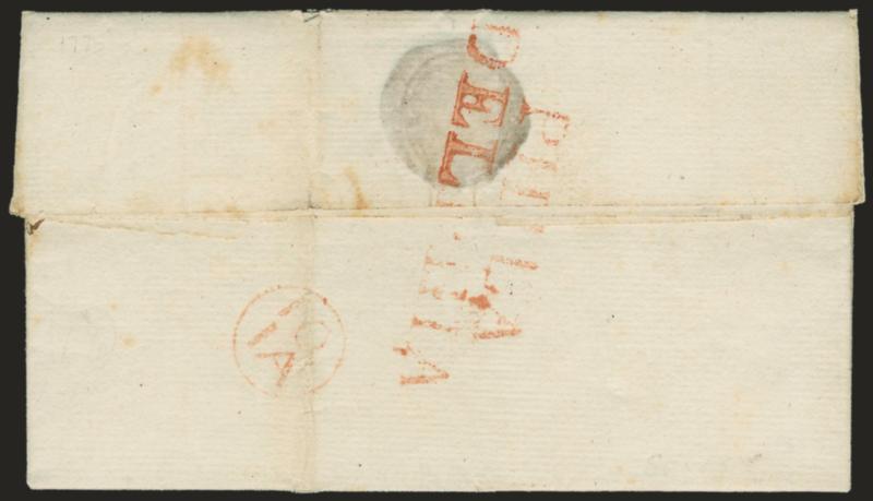 PHILADELPHIA.> Two-line handstamp struck in red on back of Jan. 10, 1775 folded letter to Annapolis, ms. rate and 10IA Franklin mark, Very Fine example of this Colonial handstamp