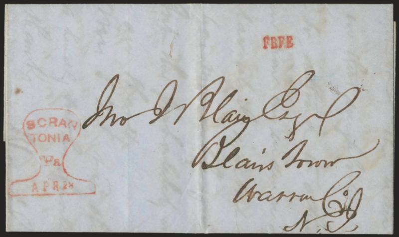 ScrantoniaPaApr. 23.> Four lines in cross-section of railroad track frame clearly struck in red with matching Free handstamp on blue folded letter datelined <<Lackawanna Iron Works Pa. Apr. 22, 1850>> to
Blairstown N.J., light file folds do no
