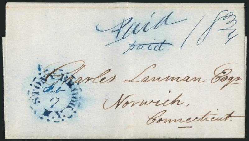 Stony Brook N.Y. Feb. 17.> Bold strike of blue <stencil> circular town marking with date in ms. on 1845 folded letter to Norwich Conn., ms. Paid 18-34 rate, Very Fine impression of this scarce stencil
marking
